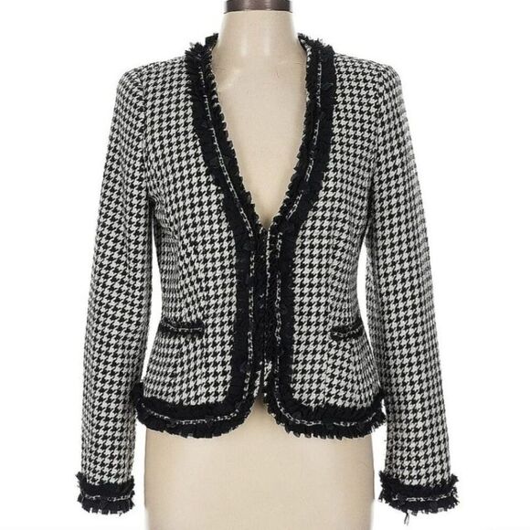WHBM  Womens Wool Blend Houndstooth Blazer Sz 2 Ruffle Chain Fringe Trim Black - Picture 2 of 15